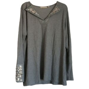 Soft Surroundings Womens Blouse Sz PM Blue Jewels Polo V Neck Waffle Knit Winter